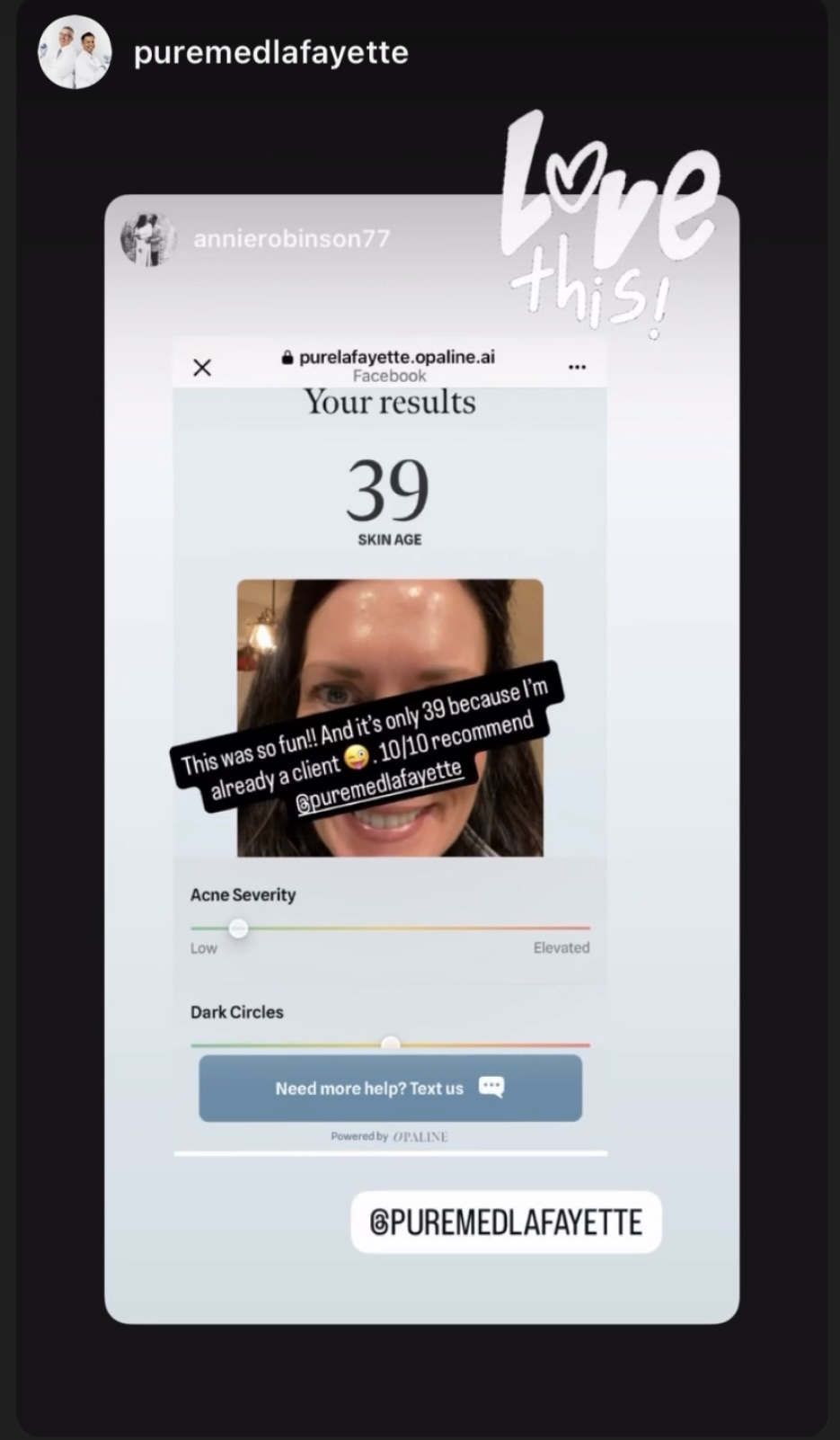 Patient sharing SkinScore results on Instagram